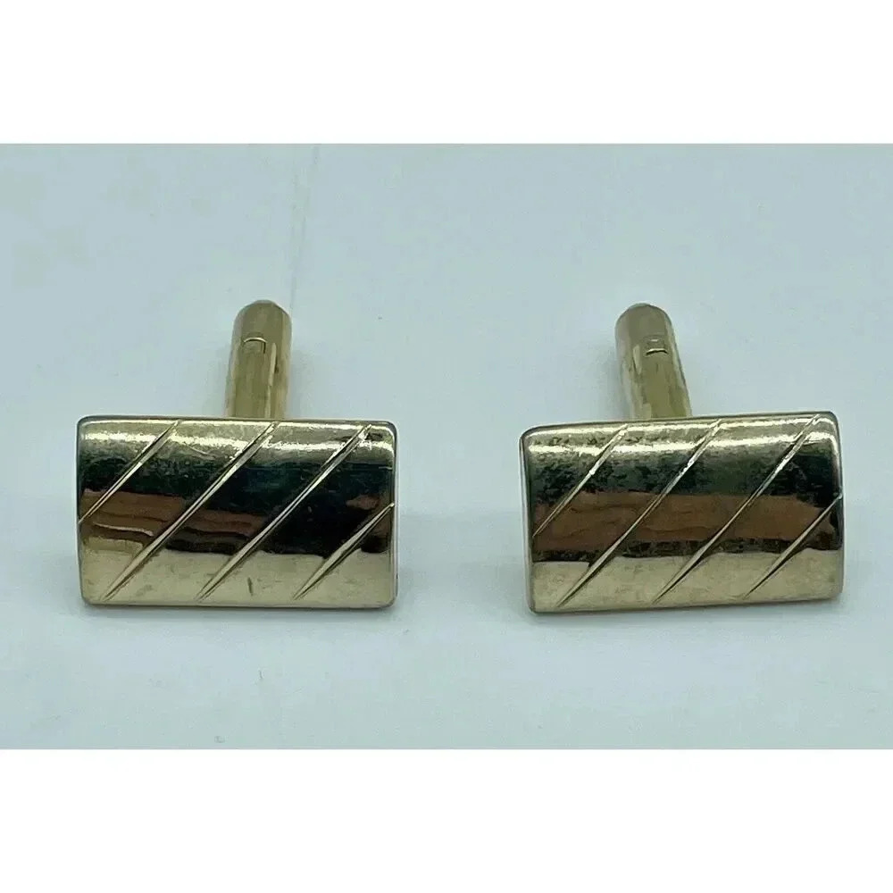Vintage Cufflinks 50’s Style Rectangular Gold Tone Finish With Diagonal Lines